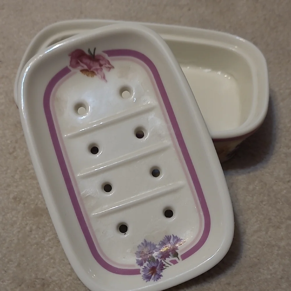 Laura Ashley Floral Ceramic Bath Set - 2 Piece Soap Dish & Toothbrush Holder